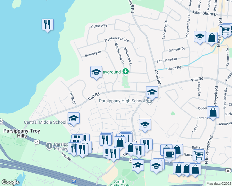map of restaurants, bars, coffee shops, grocery stores, and more near 407 Vail Road in Parsippany-Troy Hills