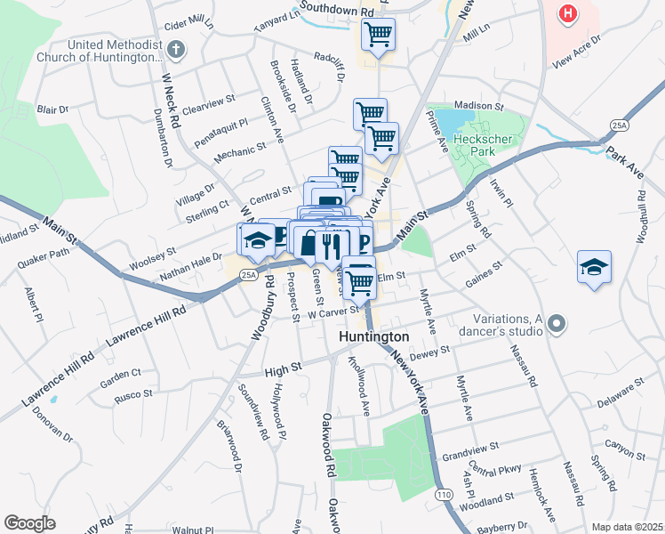 map of restaurants, bars, coffee shops, grocery stores, and more near 304 Main Street in Huntington