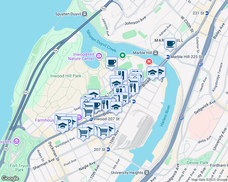 map of restaurants, bars, coffee shops, grocery stores, and more near 31 Park Terrace West in New York