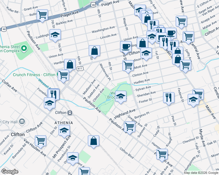 map of restaurants, bars, coffee shops, grocery stores, and more near 233 Clinton Avenue in Clifton
