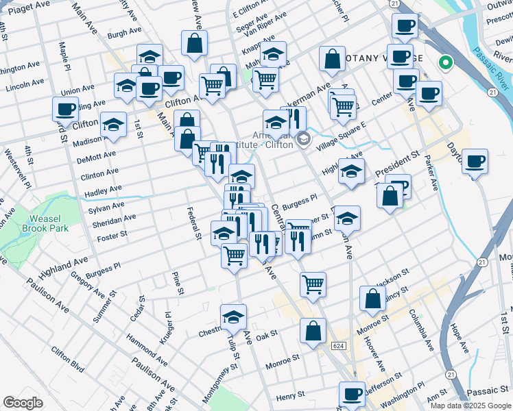 map of restaurants, bars, coffee shops, grocery stores, and more near 86 Burgess Place in Passaic