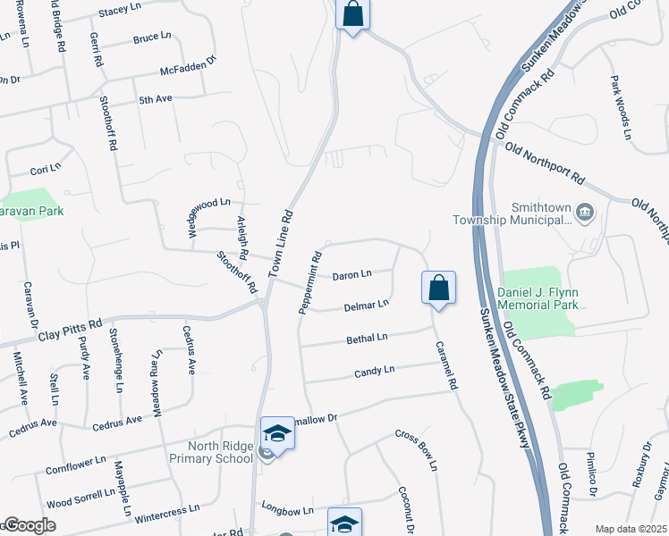 map of restaurants, bars, coffee shops, grocery stores, and more near 5 Daron Lane in Commack