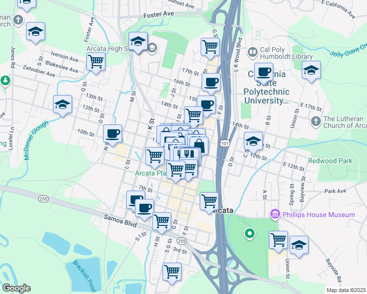 map of restaurants, bars, coffee shops, grocery stores, and more near 1070 H Street in Arcata