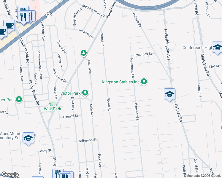 map of restaurants, bars, coffee shops, grocery stores, and more near 28 Cedar Street in Centereach