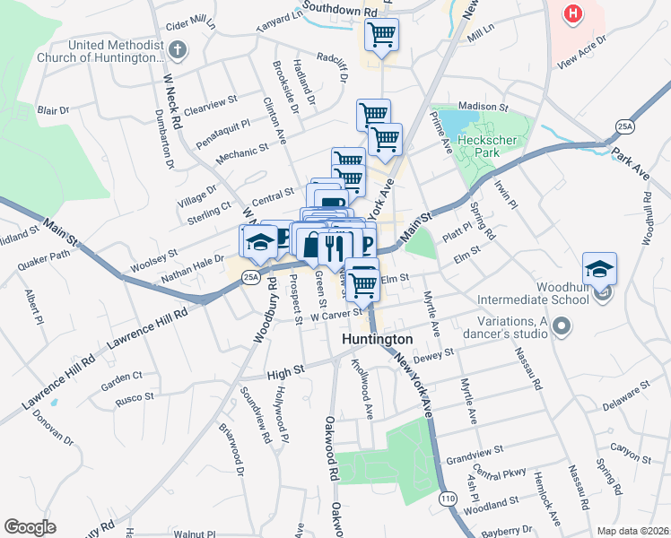 map of restaurants, bars, coffee shops, grocery stores, and more near 304 Main Street in Huntington