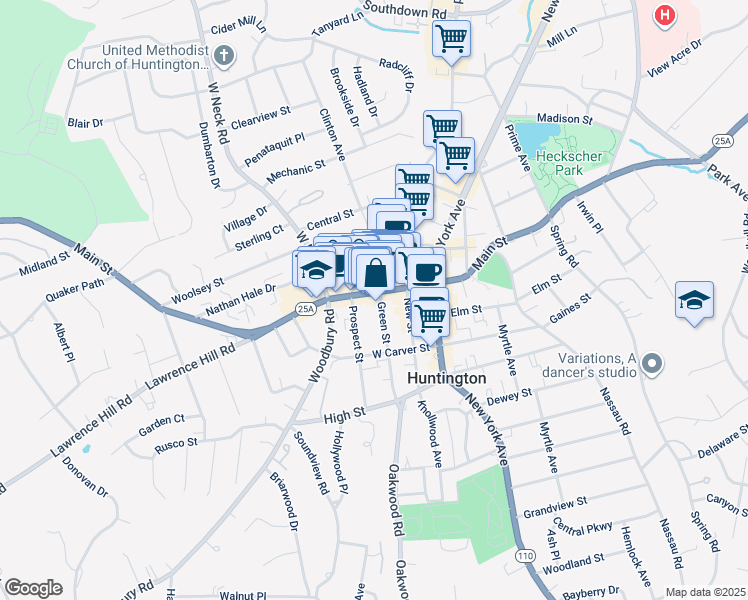 map of restaurants, bars, coffee shops, grocery stores, and more near 12 Prospect Street in Huntington