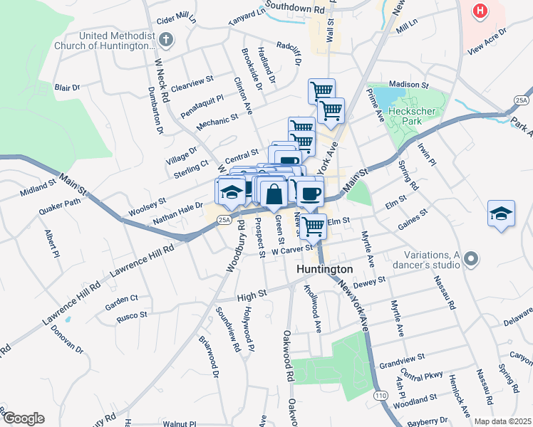 map of restaurants, bars, coffee shops, grocery stores, and more near 12 Prospect Street in Huntington