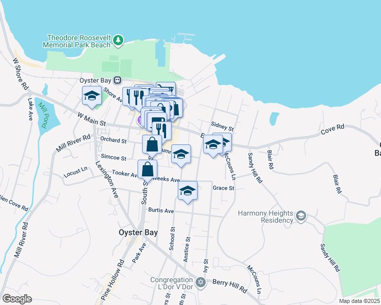 map of restaurants, bars, coffee shops, grocery stores, and more near 80 Summit Street in Oyster Bay