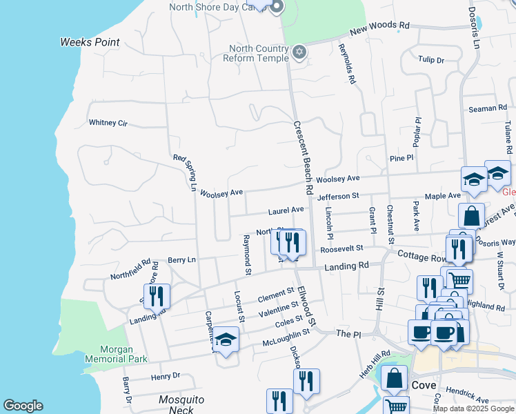 map of restaurants, bars, coffee shops, grocery stores, and more near 36 Laurel Avenue in Glen Cove