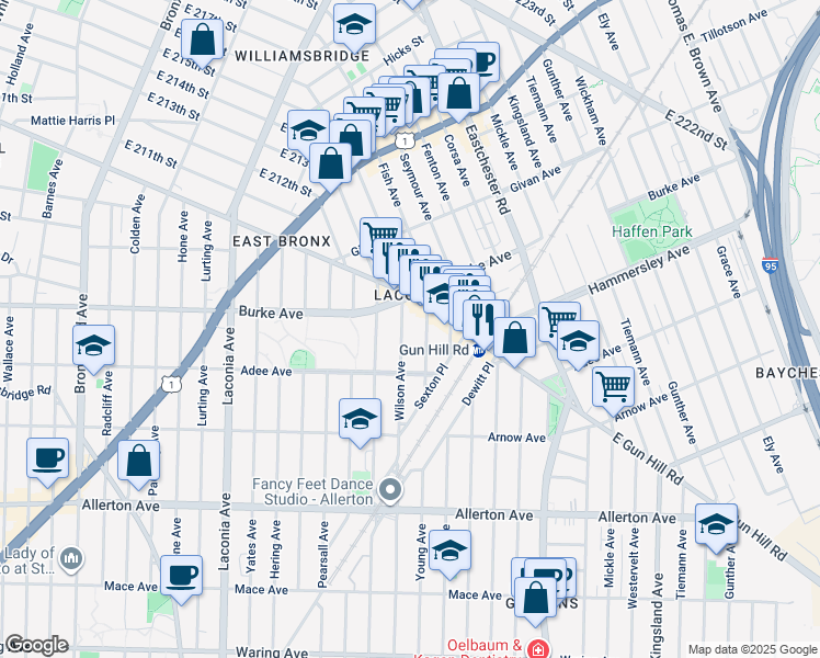 map of restaurants, bars, coffee shops, grocery stores, and more near 3040 Young Avenue in Bronx