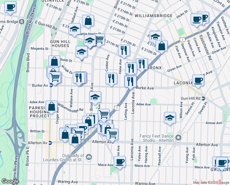 map of restaurants, bars, coffee shops, grocery stores, and more near 3030 Paulding Avenue in Bronx