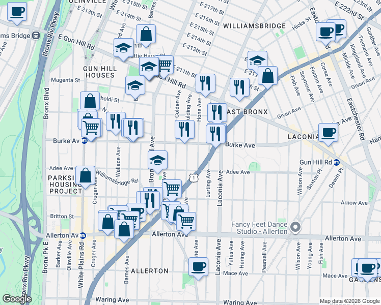 map of restaurants, bars, coffee shops, grocery stores, and more near 3030 Paulding Avenue in Bronx