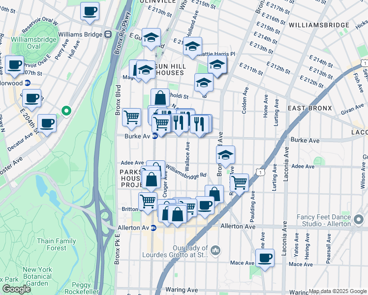map of restaurants, bars, coffee shops, grocery stores, and more near 3027 Wallace Avenue in Bronx