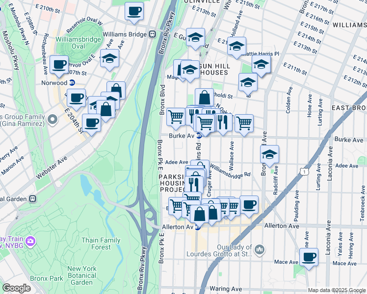 map of restaurants, bars, coffee shops, grocery stores, and more near 656 Lester Street in Bronx