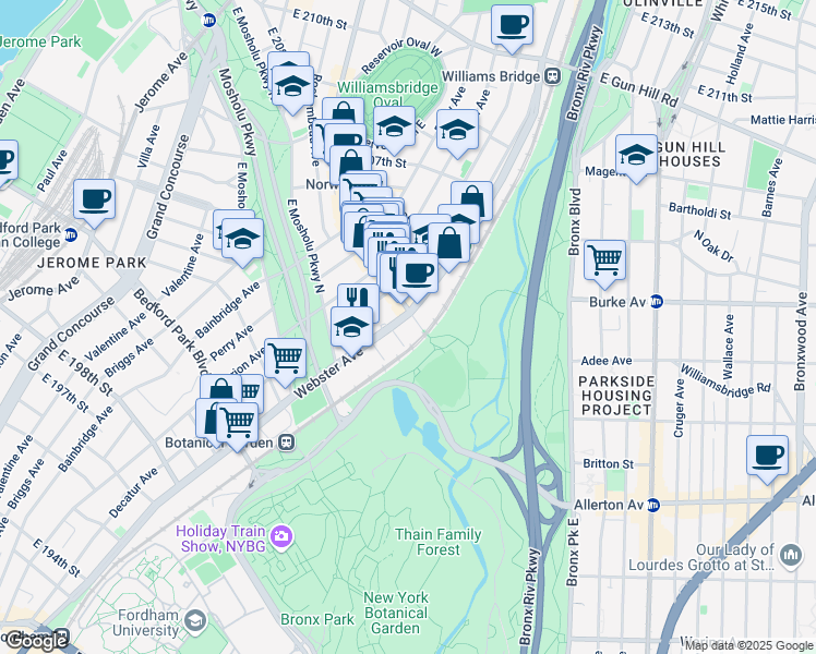 map of restaurants, bars, coffee shops, grocery stores, and more near in Bronx