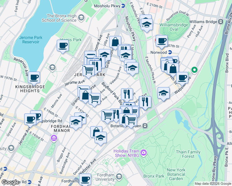 map of restaurants, bars, coffee shops, grocery stores, and more near in The Bronx
