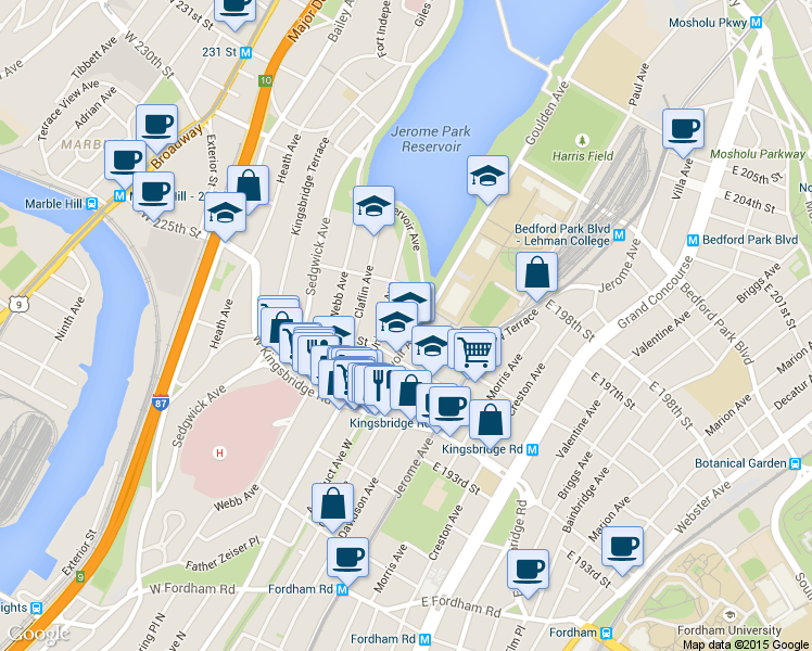 map of restaurants, bars, coffee shops, grocery stores, and more near 2766 University Avenue in Bronx