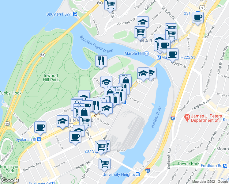 map of restaurants, bars, coffee shops, grocery stores, and more near 55 Park Terrace East in New York
