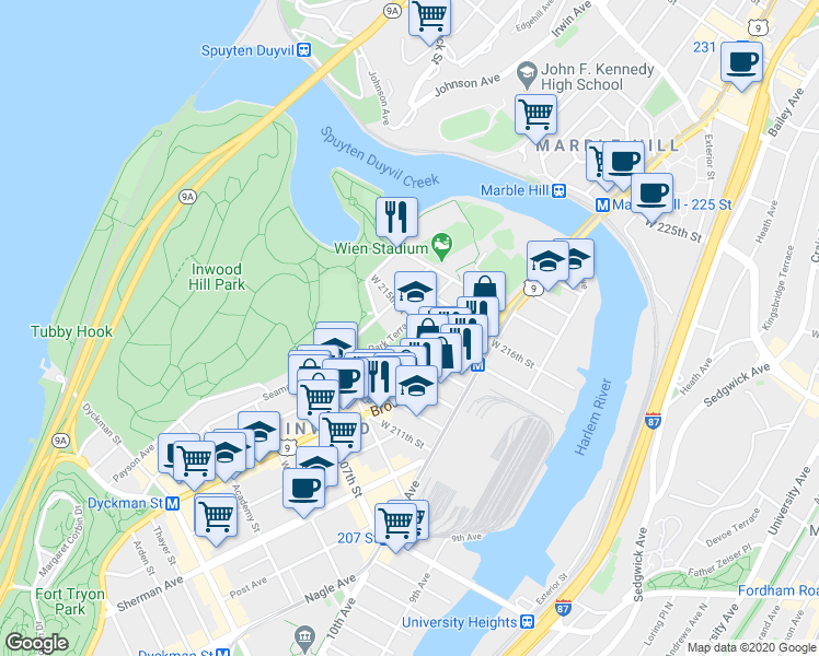 map of restaurants, bars, coffee shops, grocery stores, and more near 31 Park Terrace West in New York