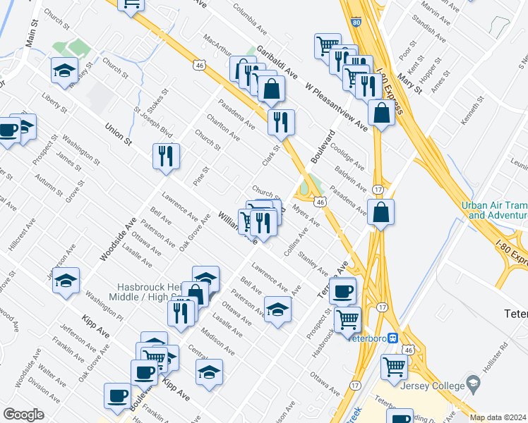 map of restaurants, bars, coffee shops, grocery stores, and more near 467 Boulevard in Hasbrouck Heights