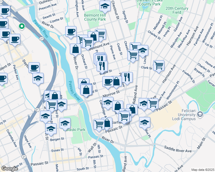 map of restaurants, bars, coffee shops, grocery stores, and more near 69 Grand Street in Garfield