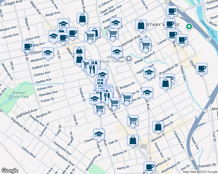 map of restaurants, bars, coffee shops, grocery stores, and more near 86 Burgess Place in Passaic
