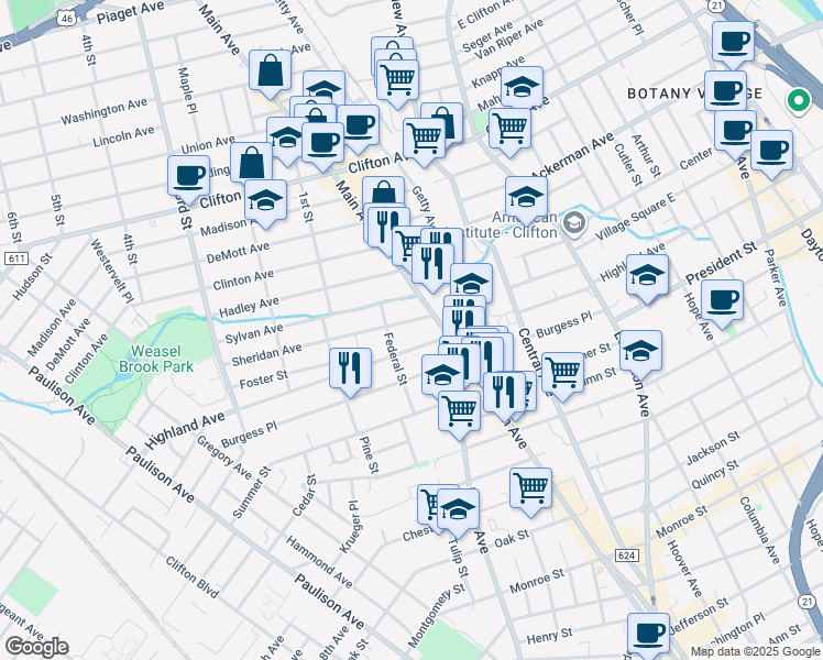 map of restaurants, bars, coffee shops, grocery stores, and more near 360 Highland Avenue in Passaic