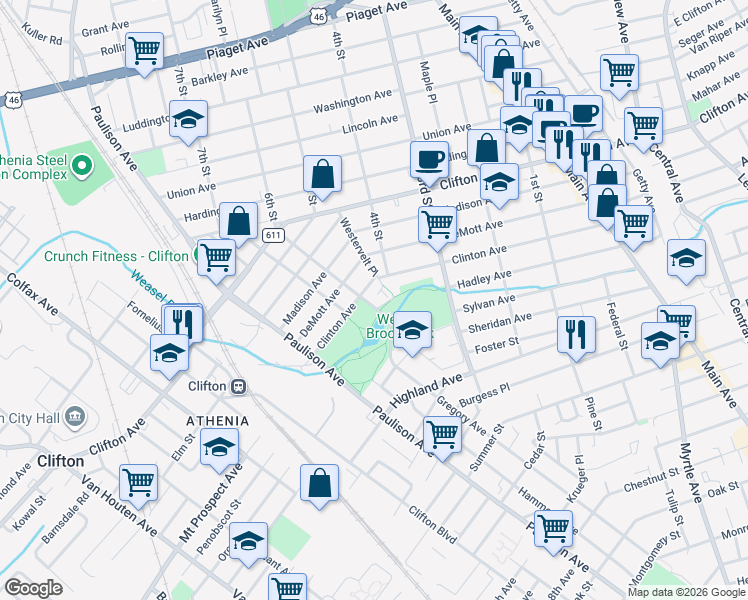 map of restaurants, bars, coffee shops, grocery stores, and more near 233 Clinton Avenue in Clifton