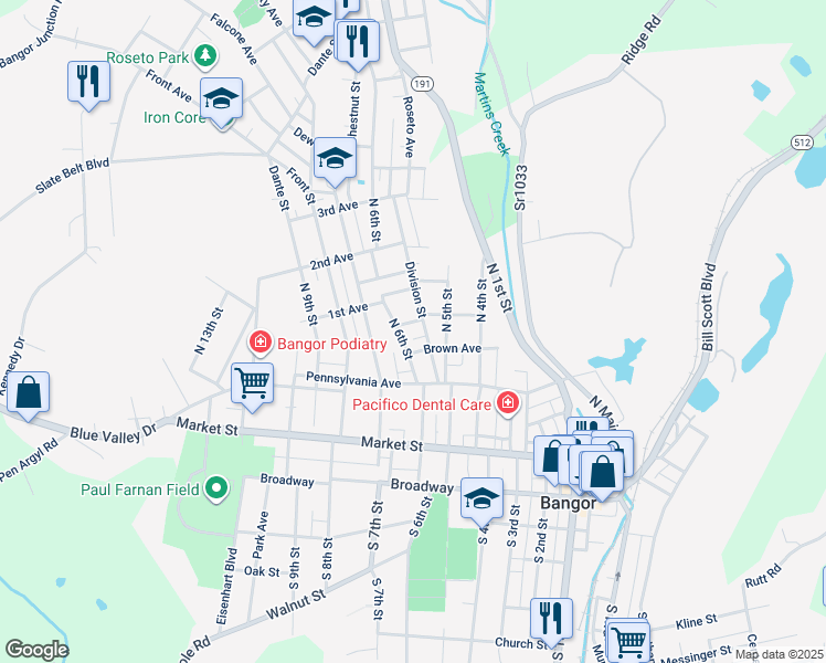 map of restaurants, bars, coffee shops, grocery stores, and more near 544 Columbia Avenue in Bangor