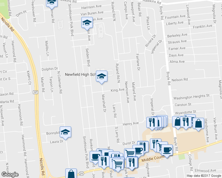 map of restaurants, bars, coffee shops, grocery stores, and more near 27 King Avenue in Selden