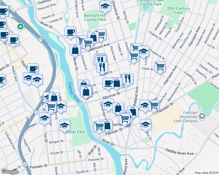 map of restaurants, bars, coffee shops, grocery stores, and more near 69 Grand Street in Garfield