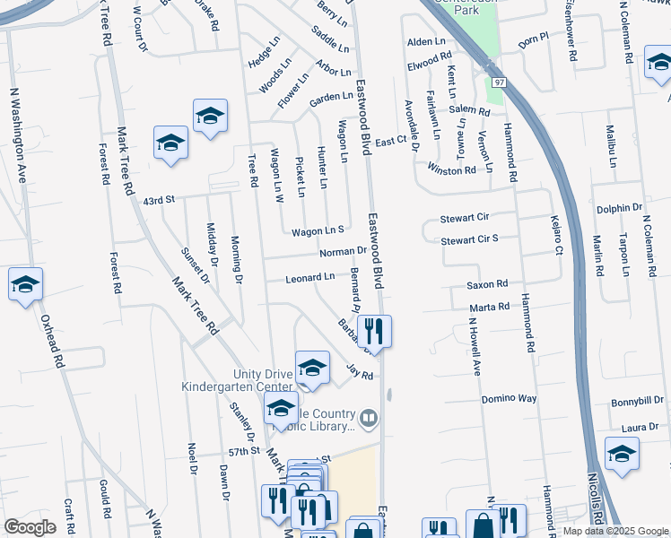 map of restaurants, bars, coffee shops, grocery stores, and more near 8 Leonard Lane in Centereach
