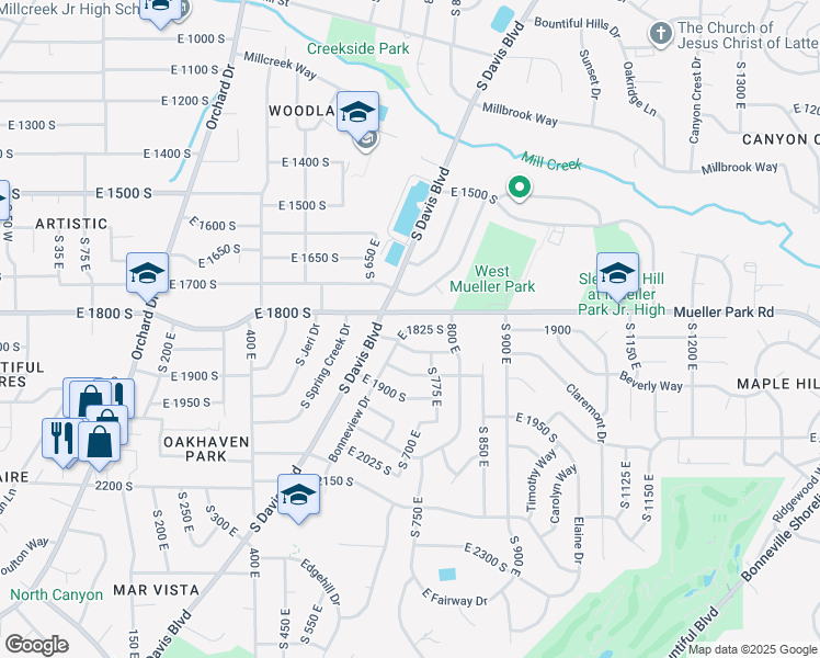map of restaurants, bars, coffee shops, grocery stores, and more near East 1825 South in Bountiful