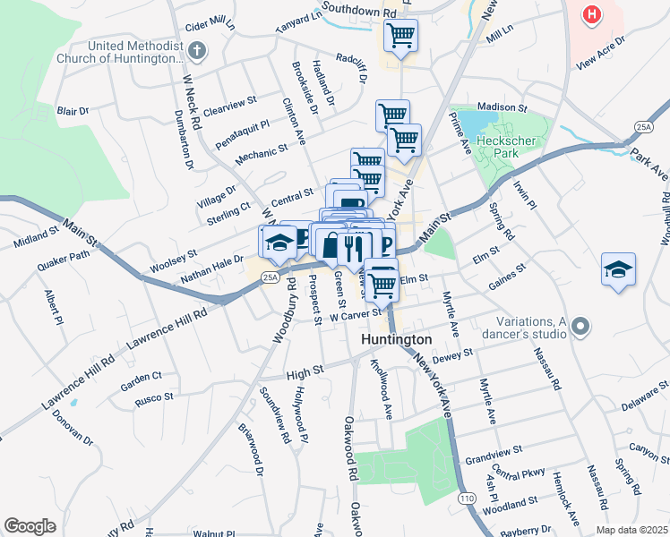 map of restaurants, bars, coffee shops, grocery stores, and more near 304 Main Street in Huntington