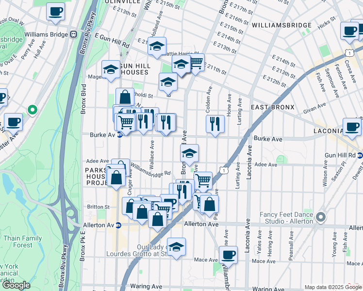 map of restaurants, bars, coffee shops, grocery stores, and more near 3027 Bronxwood Avenue in Bronx