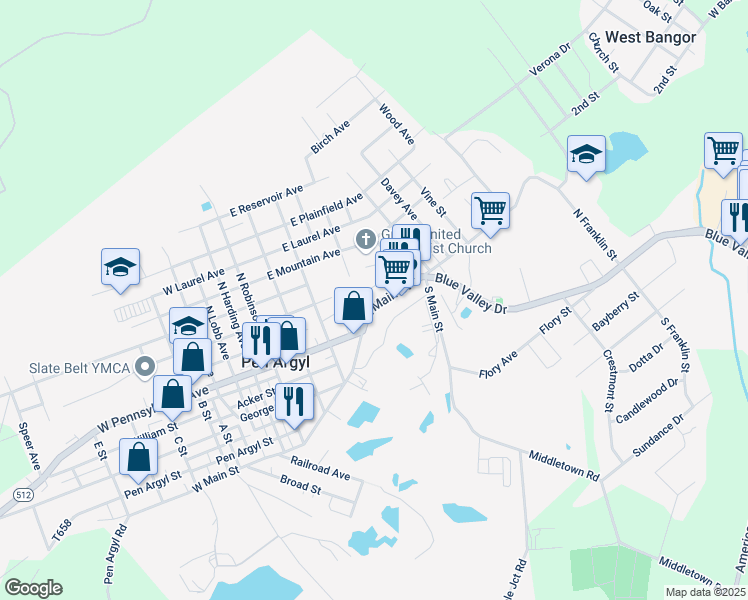 map of restaurants, bars, coffee shops, grocery stores, and more near 419 East Main Street in Pen Argyl