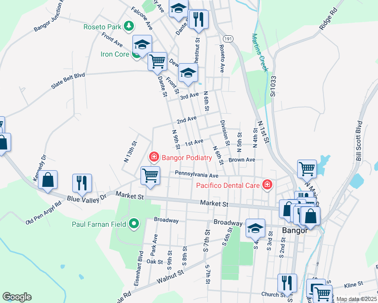 map of restaurants, bars, coffee shops, grocery stores, and more near 174 North 8th Street in Bangor