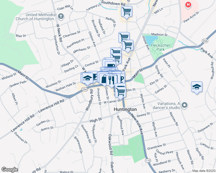 map of restaurants, bars, coffee shops, grocery stores, and more near 304 Main Street in Huntington
