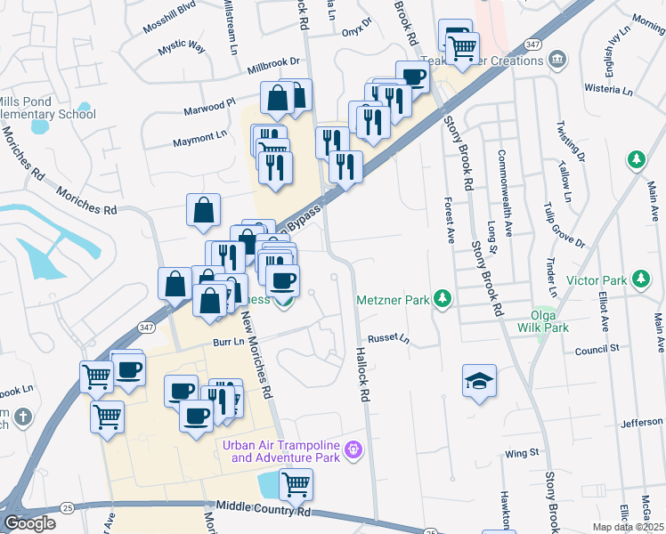 map of restaurants, bars, coffee shops, grocery stores, and more near 211 Symphony Drive in Lake Grove