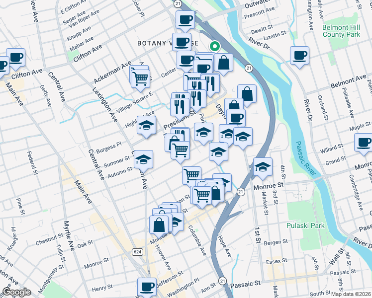 map of restaurants, bars, coffee shops, grocery stores, and more near 186 Harrison Street in Passaic