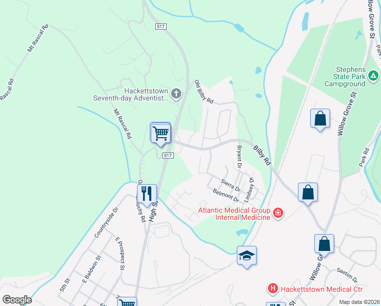 map of restaurants, bars, coffee shops, grocery stores, and more near 6 Bilby Road in Hackettstown