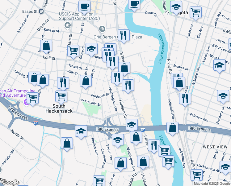 map of restaurants, bars, coffee shops, grocery stores, and more near 260 Washington Avenue in Hackensack