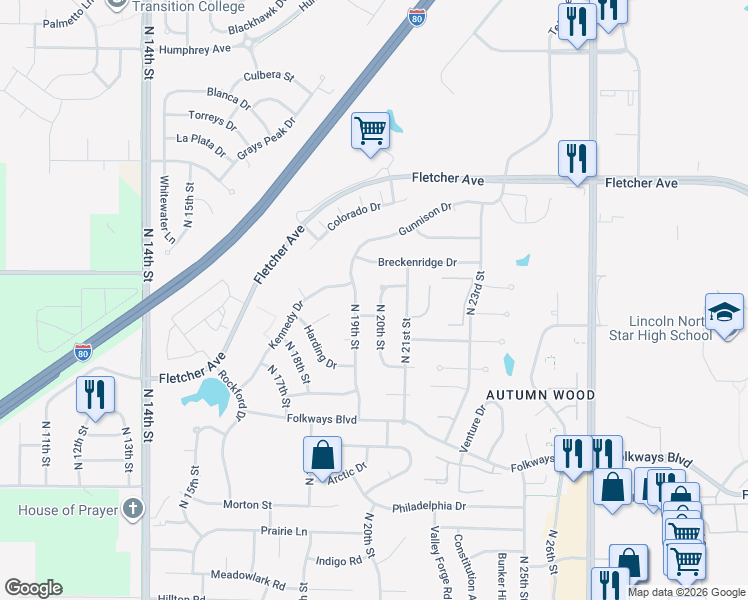 map of restaurants, bars, coffee shops, grocery stores, and more near 5817 North 20th Street in Lincoln