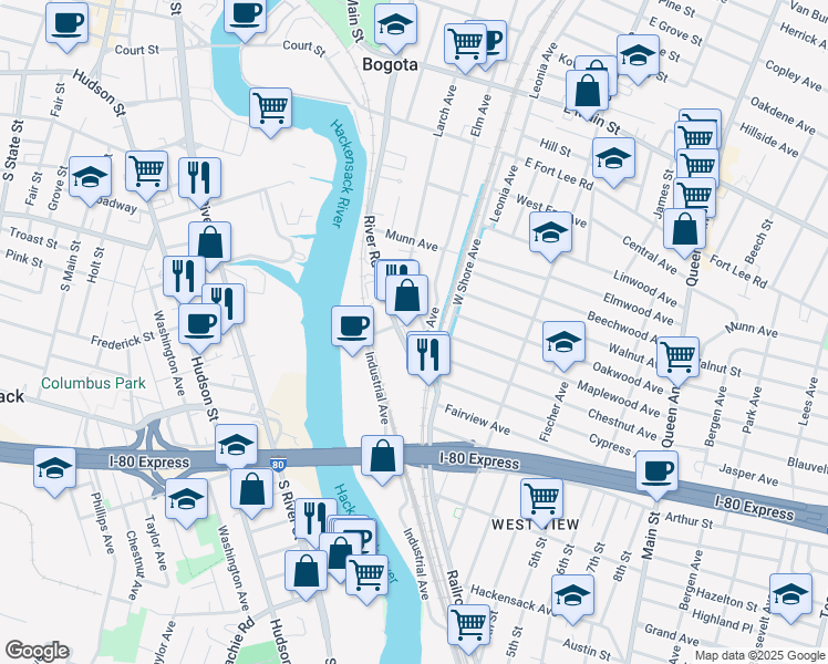 map of restaurants, bars, coffee shops, grocery stores, and more near 33 River Road in Bogota