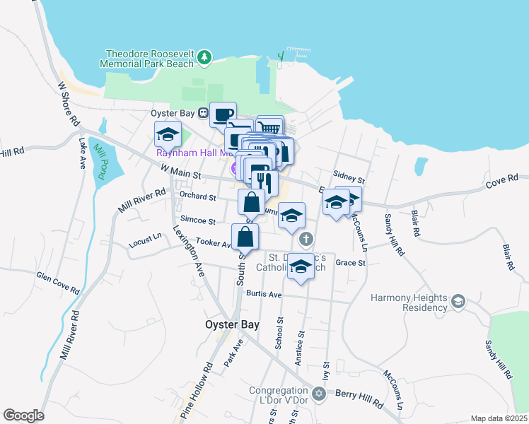 map of restaurants, bars, coffee shops, grocery stores, and more near 1720 Summit Street in Oyster Bay