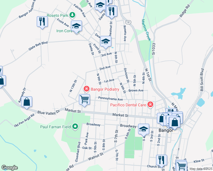 map of restaurants, bars, coffee shops, grocery stores, and more near 174 North 8th Street in Bangor