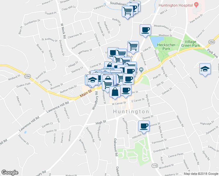 map of restaurants, bars, coffee shops, grocery stores, and more near 318 Main Street in Huntington