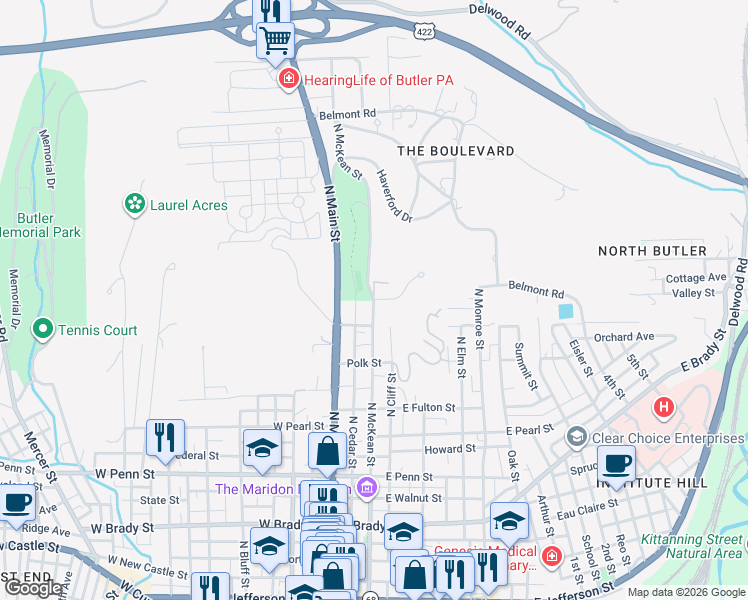 map of restaurants, bars, coffee shops, grocery stores, and more near 711 North Mc Kean Street in Butler