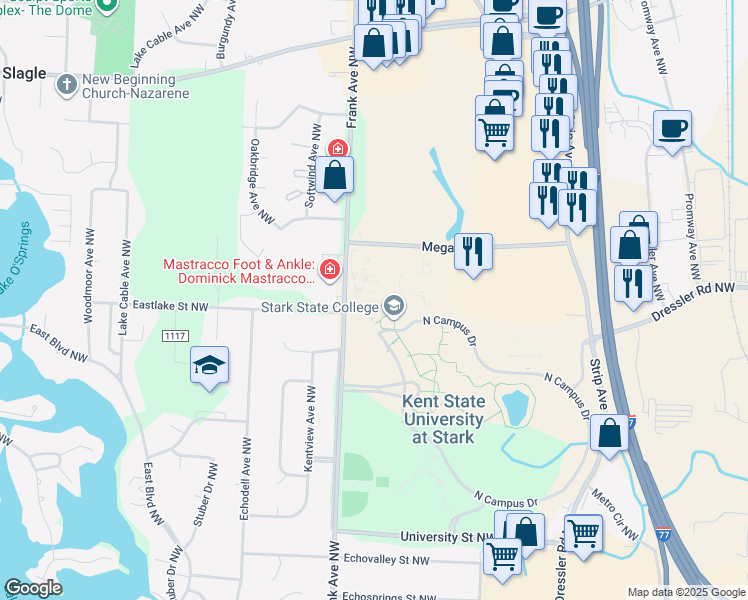 map of restaurants, bars, coffee shops, grocery stores, and more near 6200 Frank Avenue Northwest in North Canton