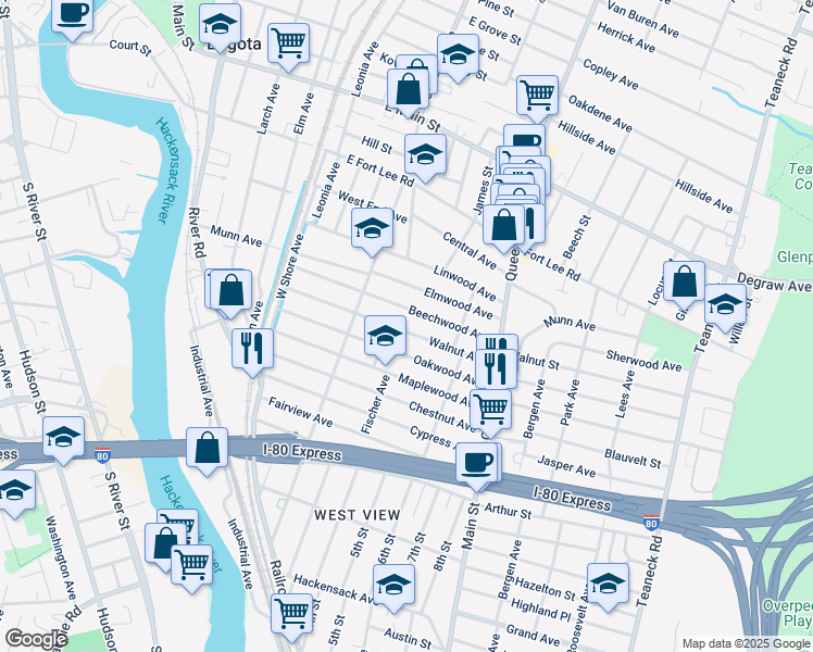 map of restaurants, bars, coffee shops, grocery stores, and more near 173 Walnut Avenue in Bogota